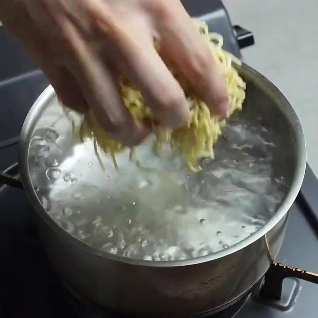 Una mano che immerge delicatamente un panetto di noodles freschi per ramen in una pentola di acqua bollente.