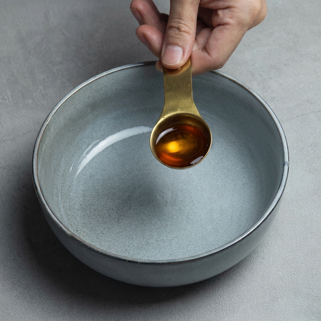 Una mano che tiene un cucchiaio dosatore in ottone pieno di olio di sesamo scuro sopra una ciotola in ceramica grigia.