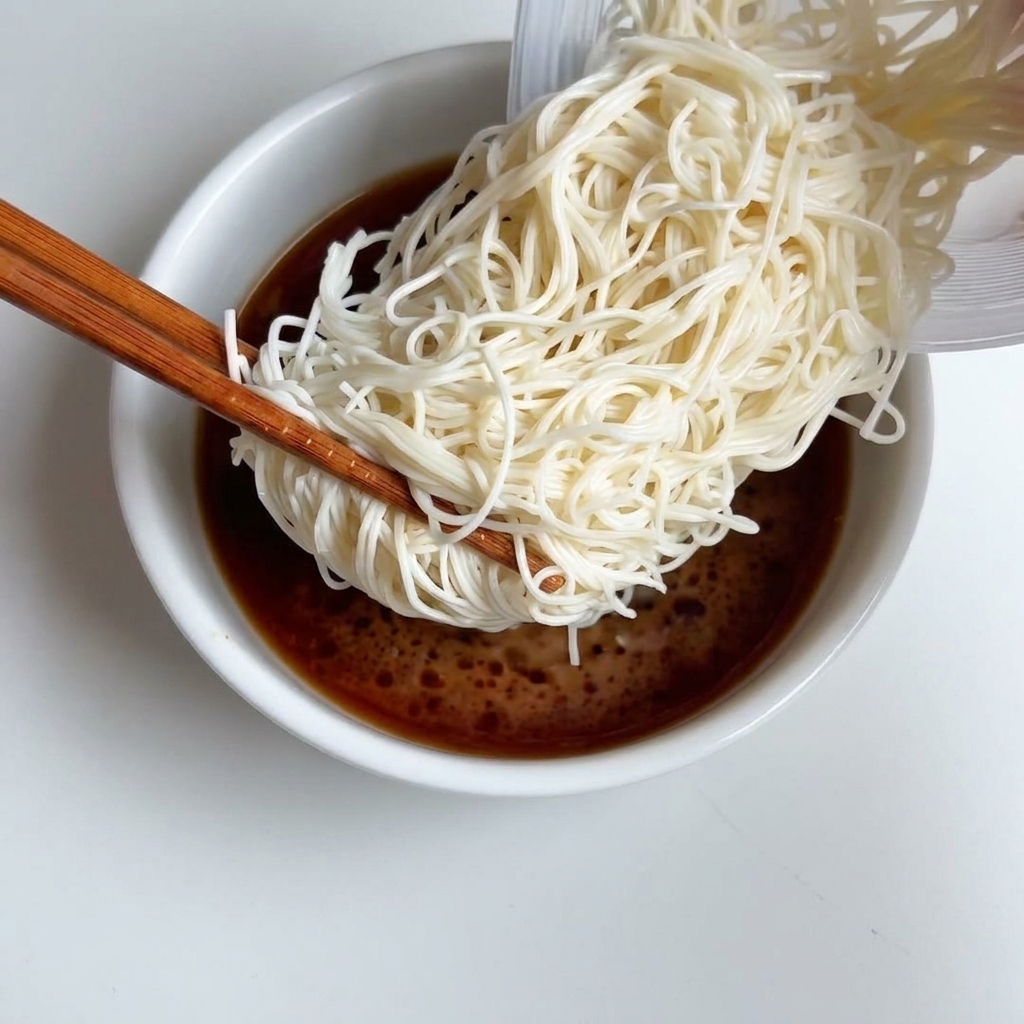 Una vista ravvicinata di sottili noodle somen che vengono immersi in un brodo scuro e fumante a base di soia usando bacchette di legno.