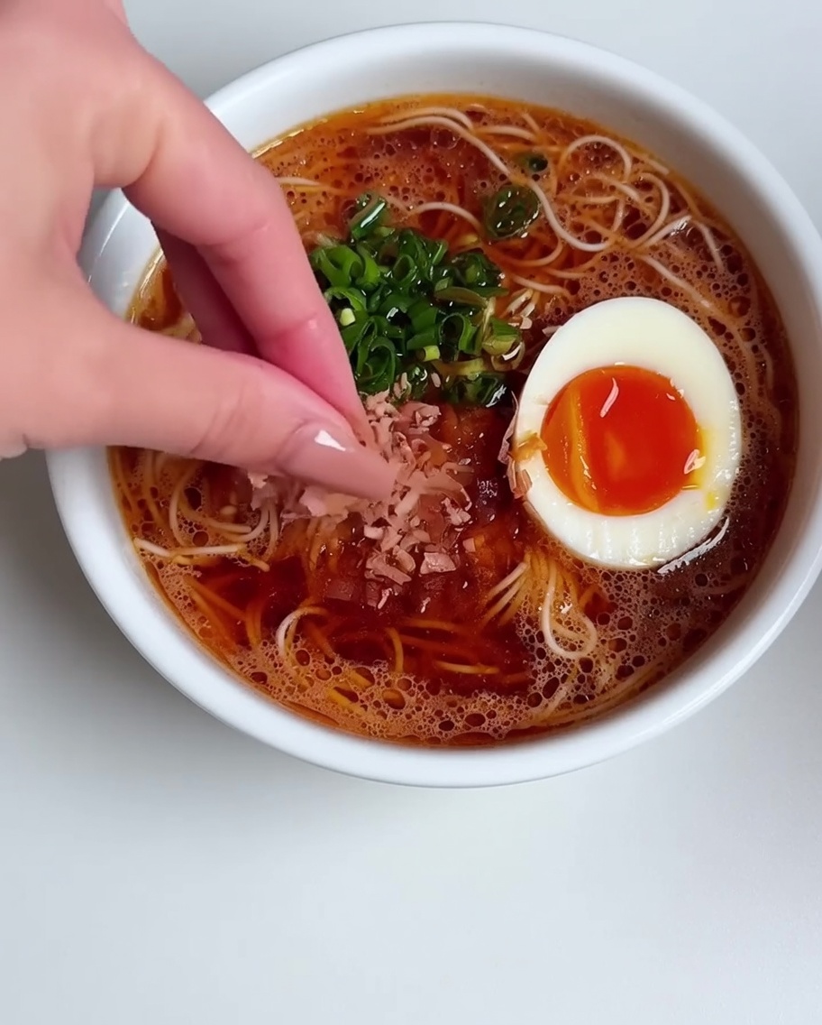 Una vista dallalto della ciotola di ramen pronta, con uovo barzotto e cipollotti, mentre una mano sparge fiocchi di bonito secchi sopra.