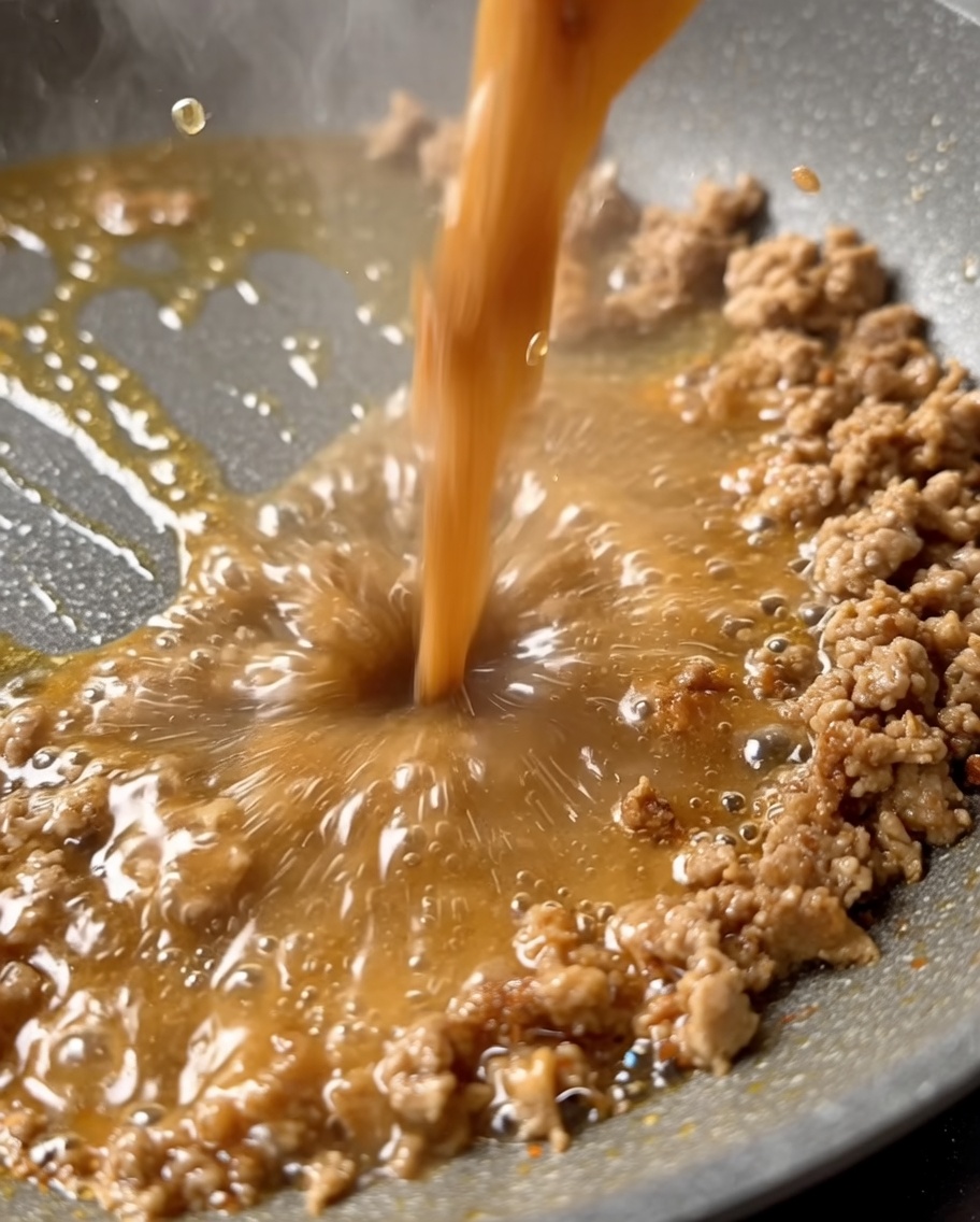 Acqua versata in padella per unire il composto di carne speziata.