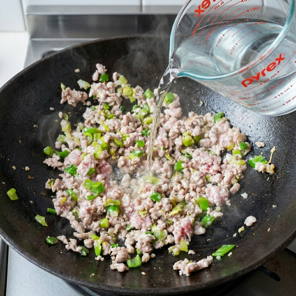 Acqua versata da un misurino di vetro nel wok, coprendo il mix di carne.