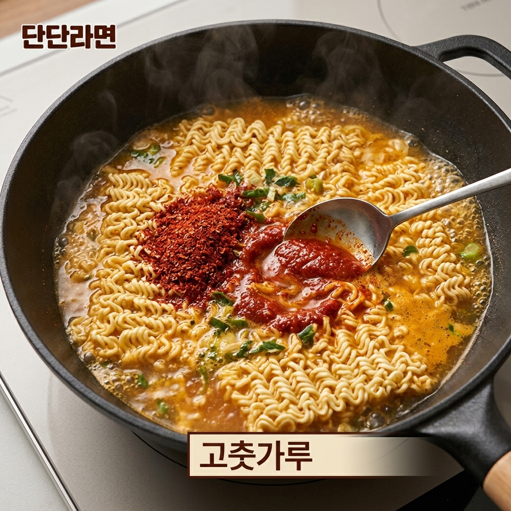 Peperoncino in polvere mescolato nel brodo di ramen con il burro di arachidi.