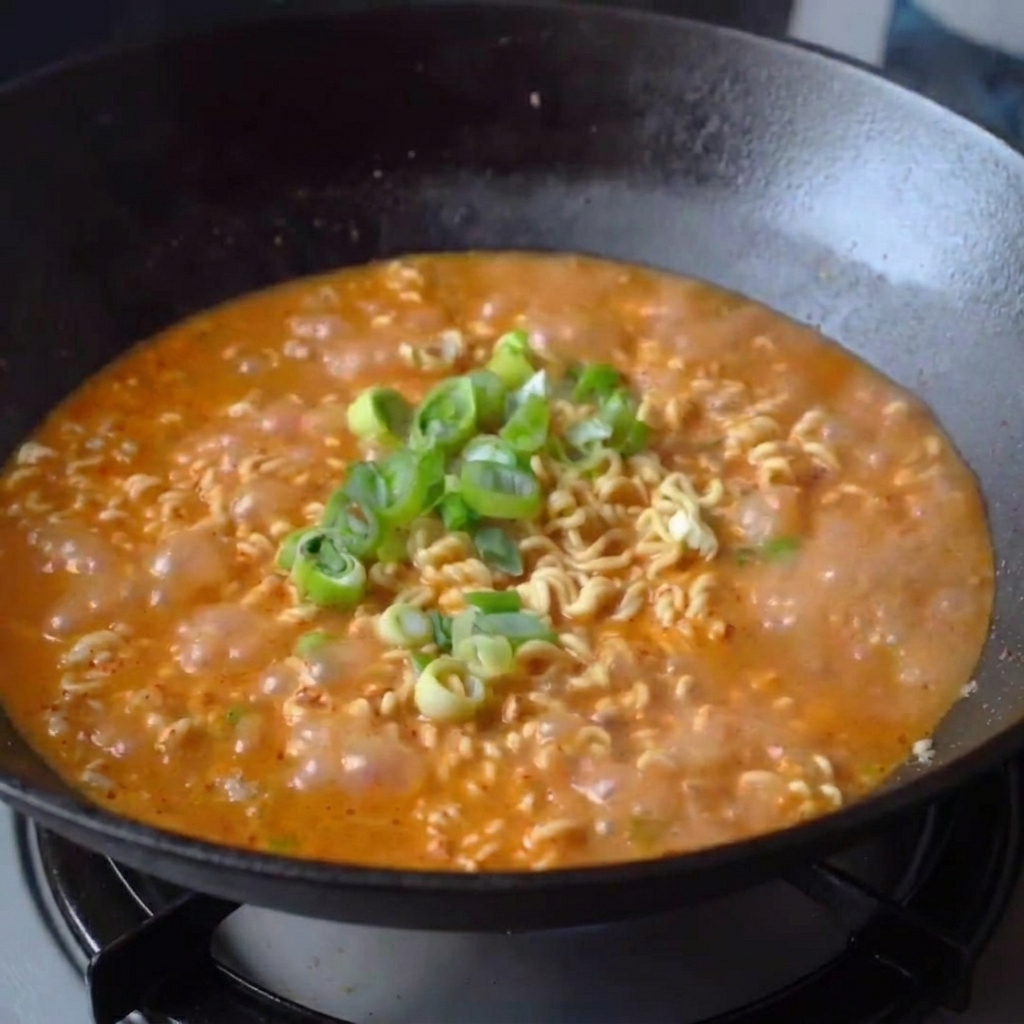 Una pentola di Ramen Dan Dan guarnita con una spolverata di cipollotti freschi.