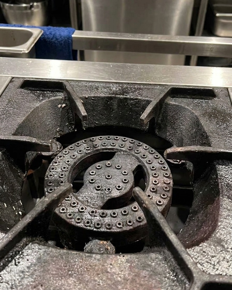 Un primo piano di una pentola di metallo posizionata su un fornello a gas acceso.