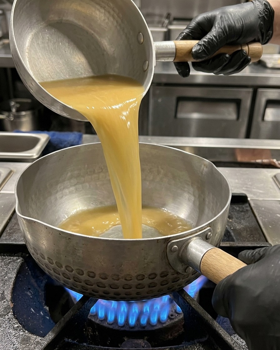 Brodo tonkotsu versato in una pentola, seguito da una cucchiaiata di cremosa pasta di sesamo.