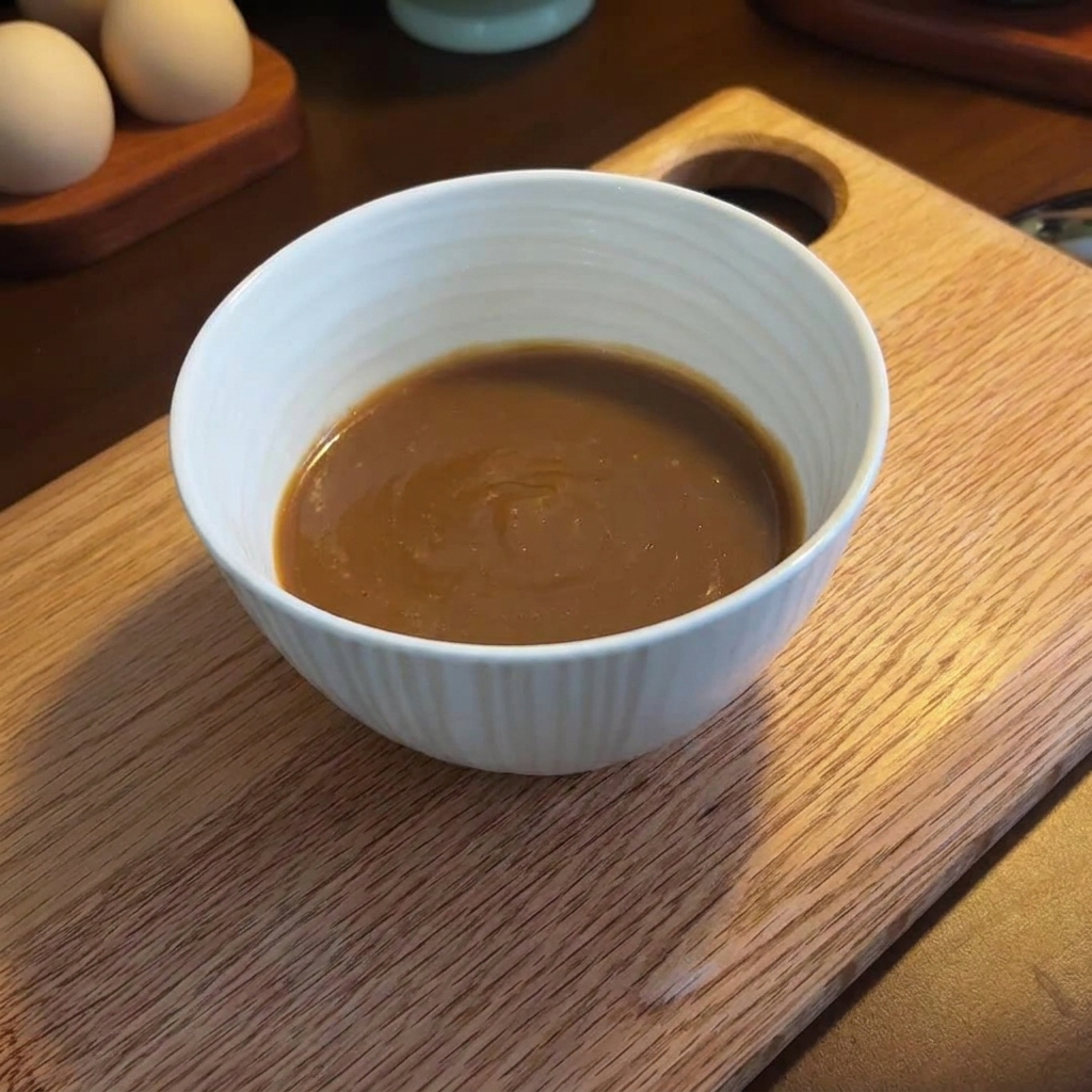 Un composto liscio e cremoso di pasta di sesamo, burro di arachidi e miso in una ciotola bianca.
