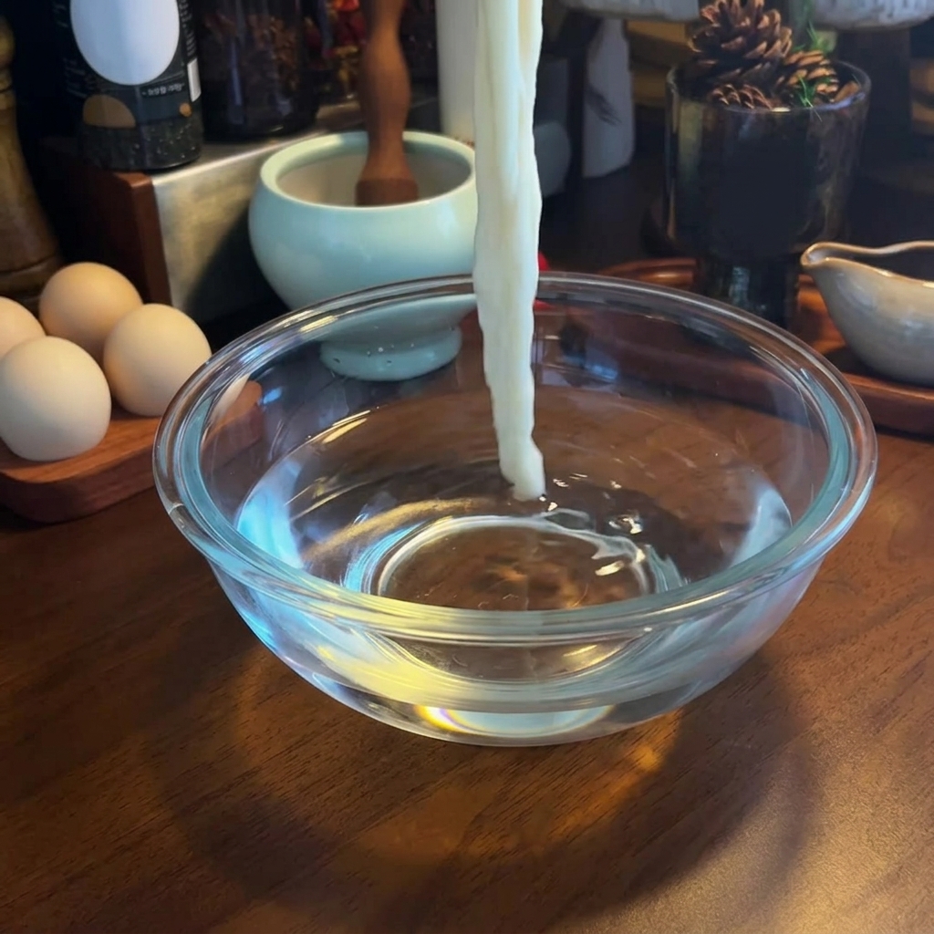 Noodle cotti sciacquati in una ciotola di vetro piena di acqua fredda.