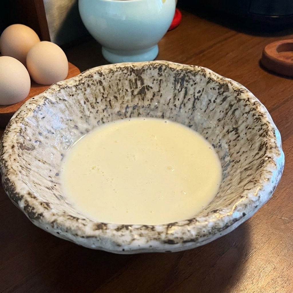 Una ciotola da portata maculata riempita con un brodo cremoso e bianco latte a base di latte di soia e pasta di miso sciolta.