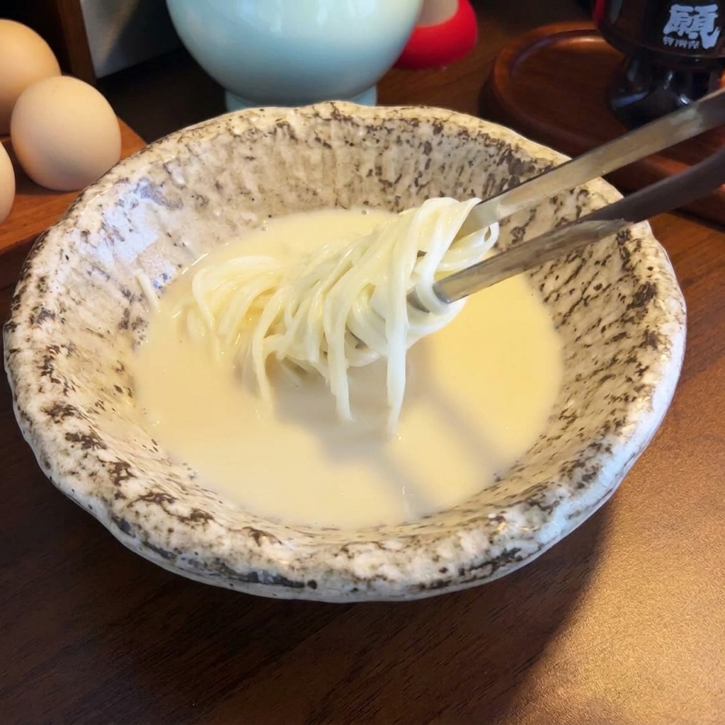 Noodle per ramen cotti calati nel brodo cremoso di latte di soia e miso usando delle bacchette.