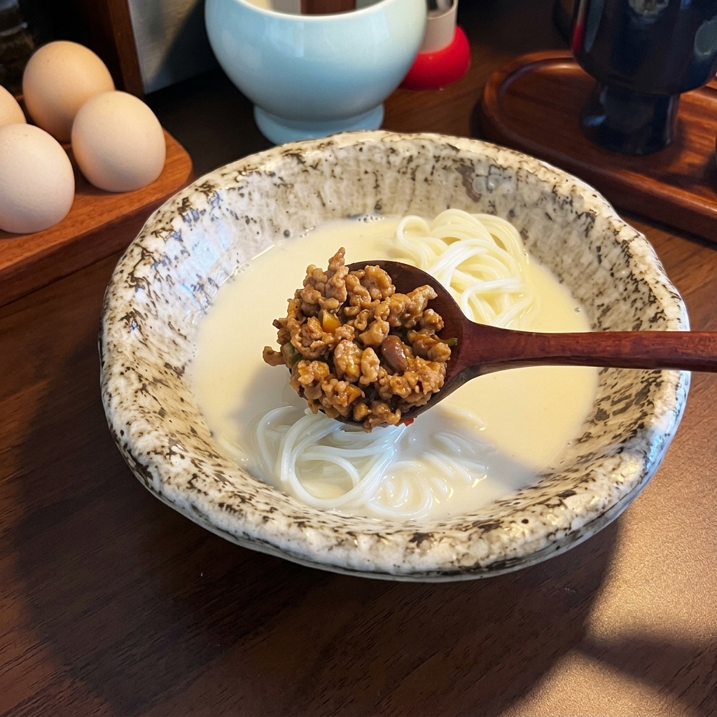 Un cucchiaio di legno con saporito maiale macinato saltato in padella, di un colore marrone scuro, sospeso sulla ciotola di noodle e brodo al latte di soia.
