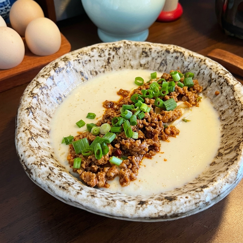 Una ciotola di ramen cremoso guarnita con un mucchietto di saporito maiale macinato, cipollotto fresco tritato e un filo di olio al peperoncino rosso.