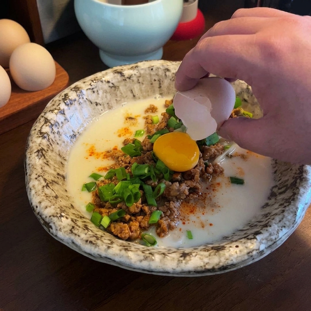 Una mano che rompe un uovo fresco per far cadere il tuorlo dorato direttamente al centro della ciotola di ramen preparata.