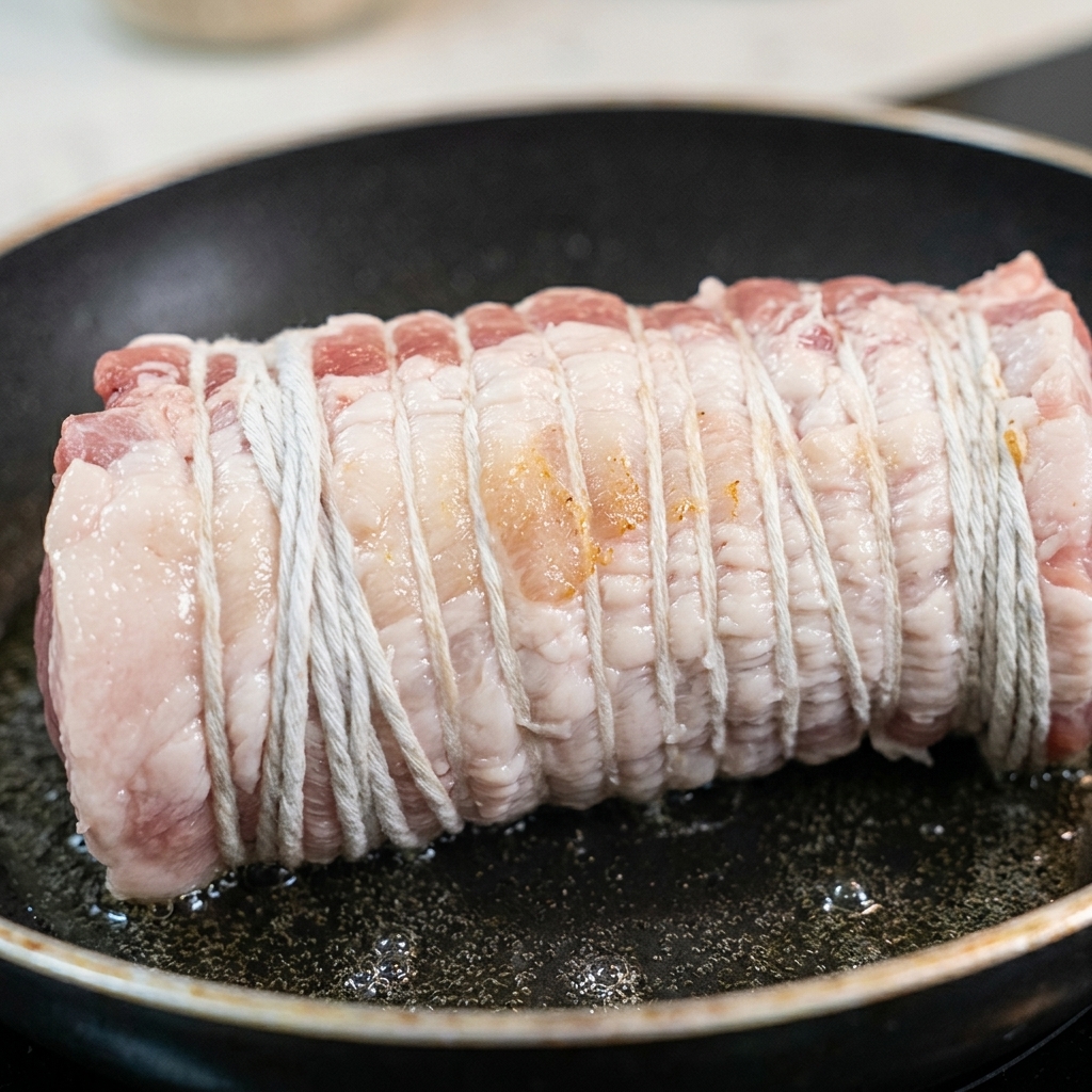 Il rotolo di maiale legato rosolato in una padella calda finché non diventa dorato.