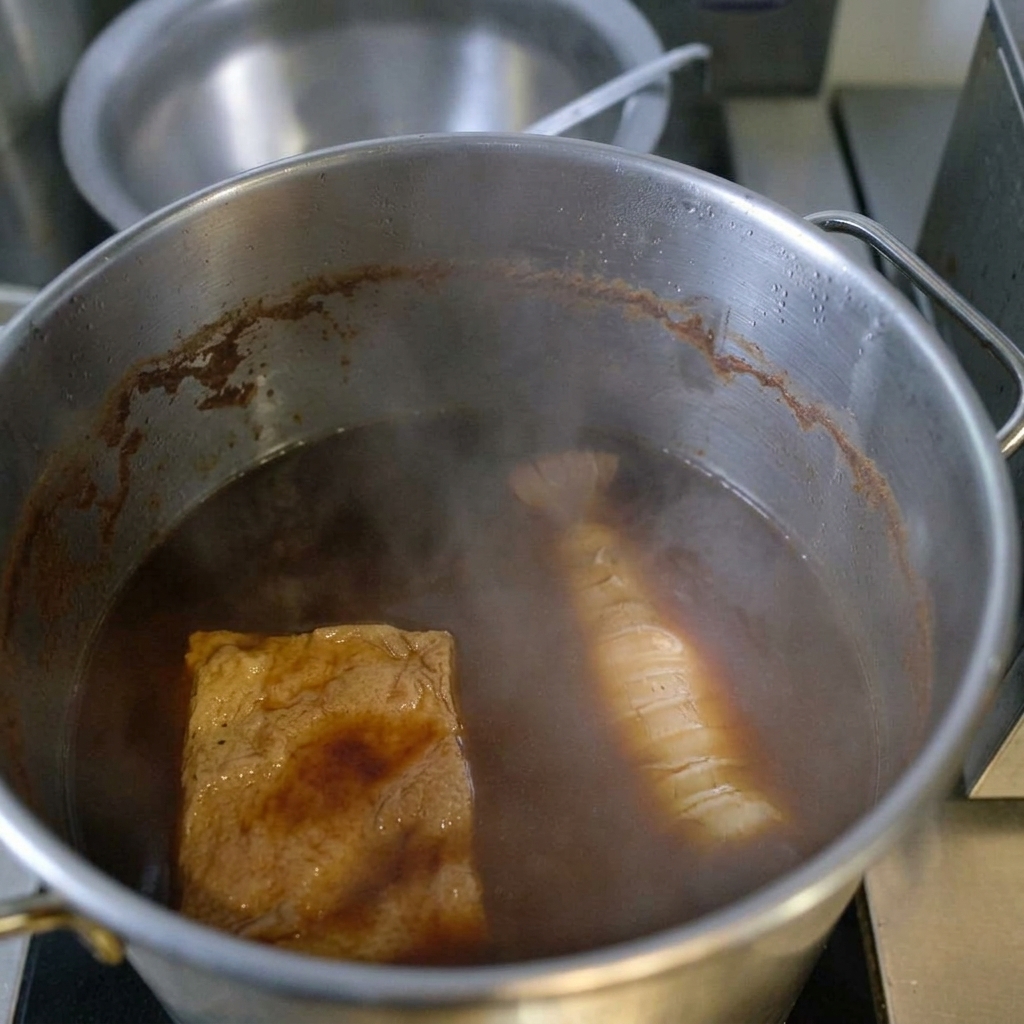 Il rotolo di maiale rosolato cuoce a fuoco lento nella scura e saporita salsa chashu in una grande pentola di metallo.