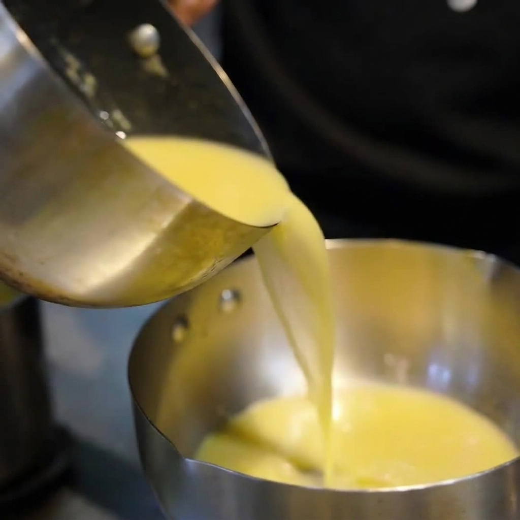 La pasta di miso fatta in casa viene versata in un pentolino con il brodo caldo.