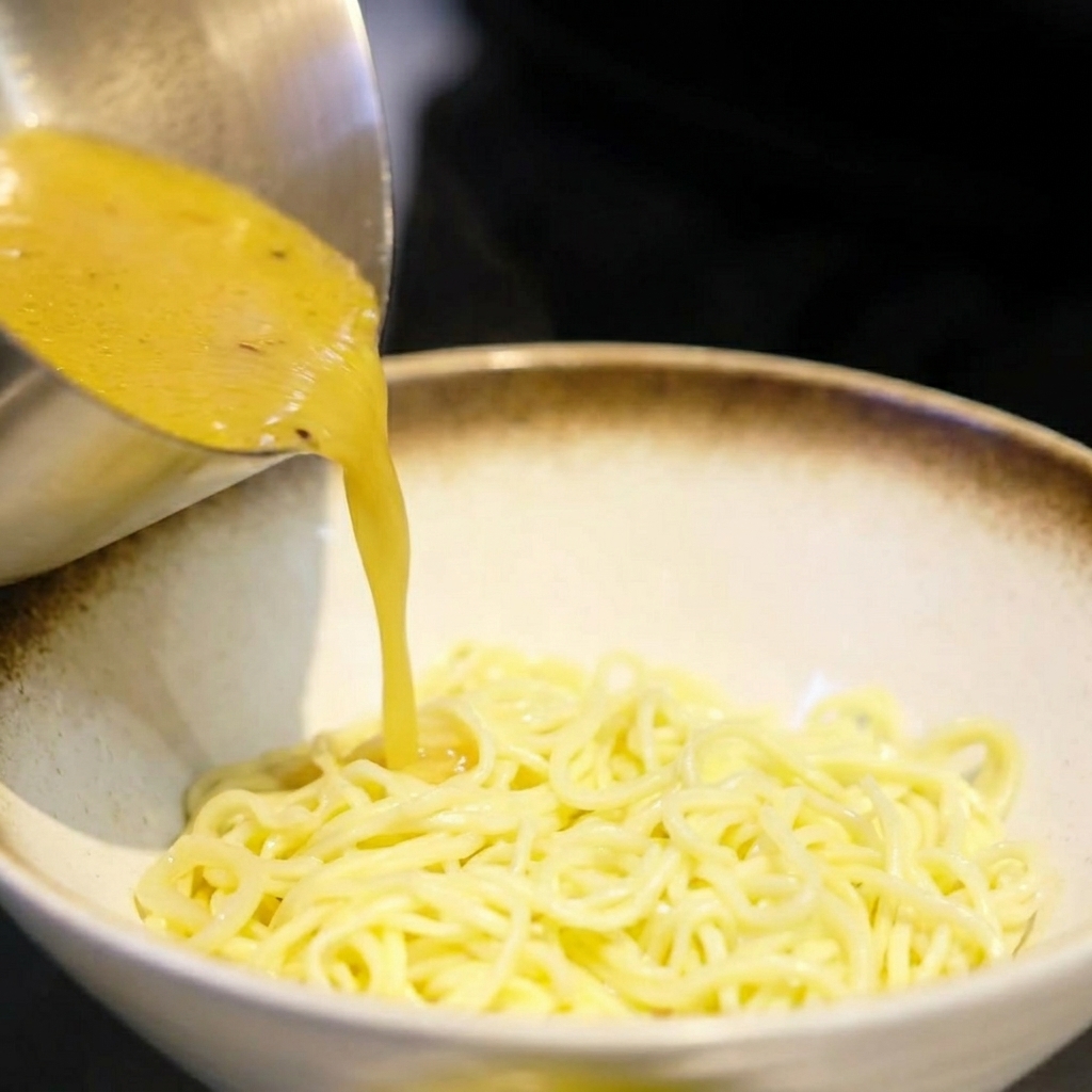Un primo piano del brodo di miso dorato e bollente versato con un mestolo in una ciotola con i noodles per ramen già cotti.