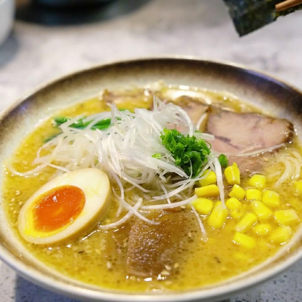 Una vista dallalto della ciotola di miso ramen finita, con il chashu a fette, luovo dal tuorlo morbido tagliato a metà, il mais giallo intenso e una montagnetta di cipollotto fresco.