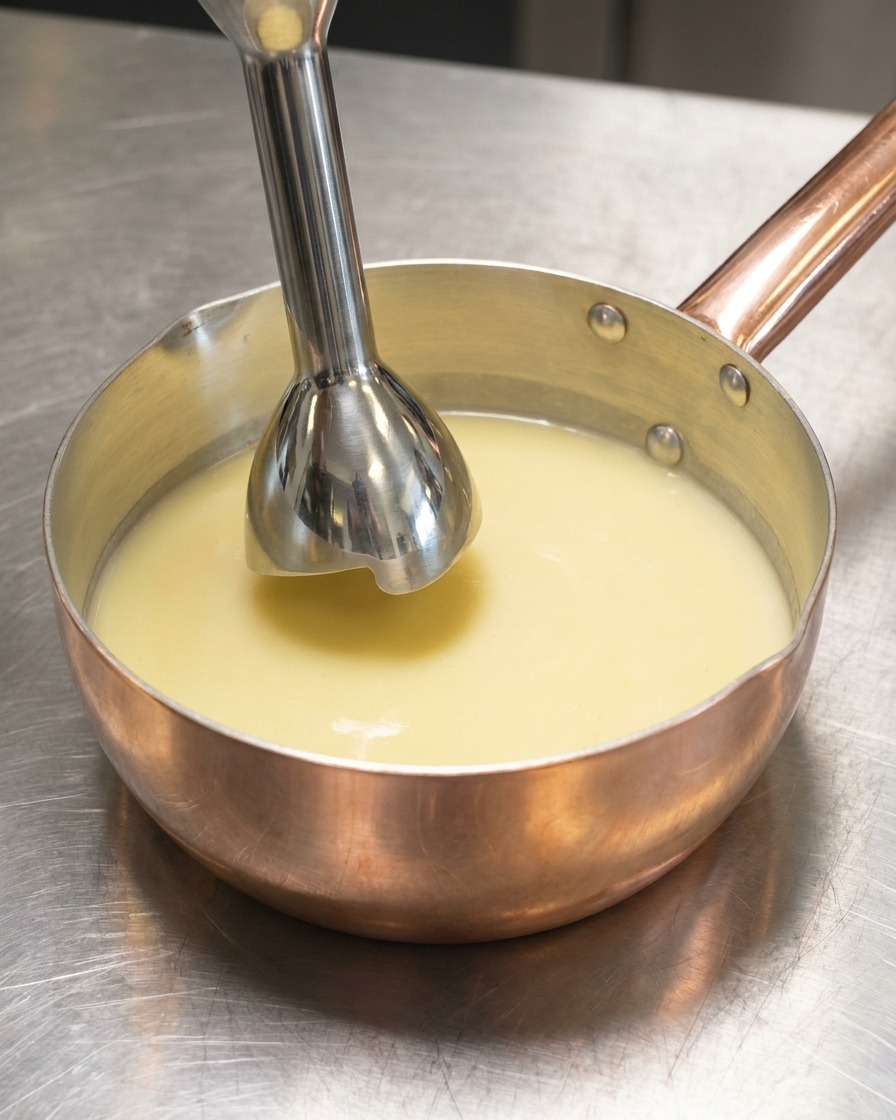Un frullatore a immersione posizionato allinterno di una pentola di rame piena di brodo di pollo cremoso.