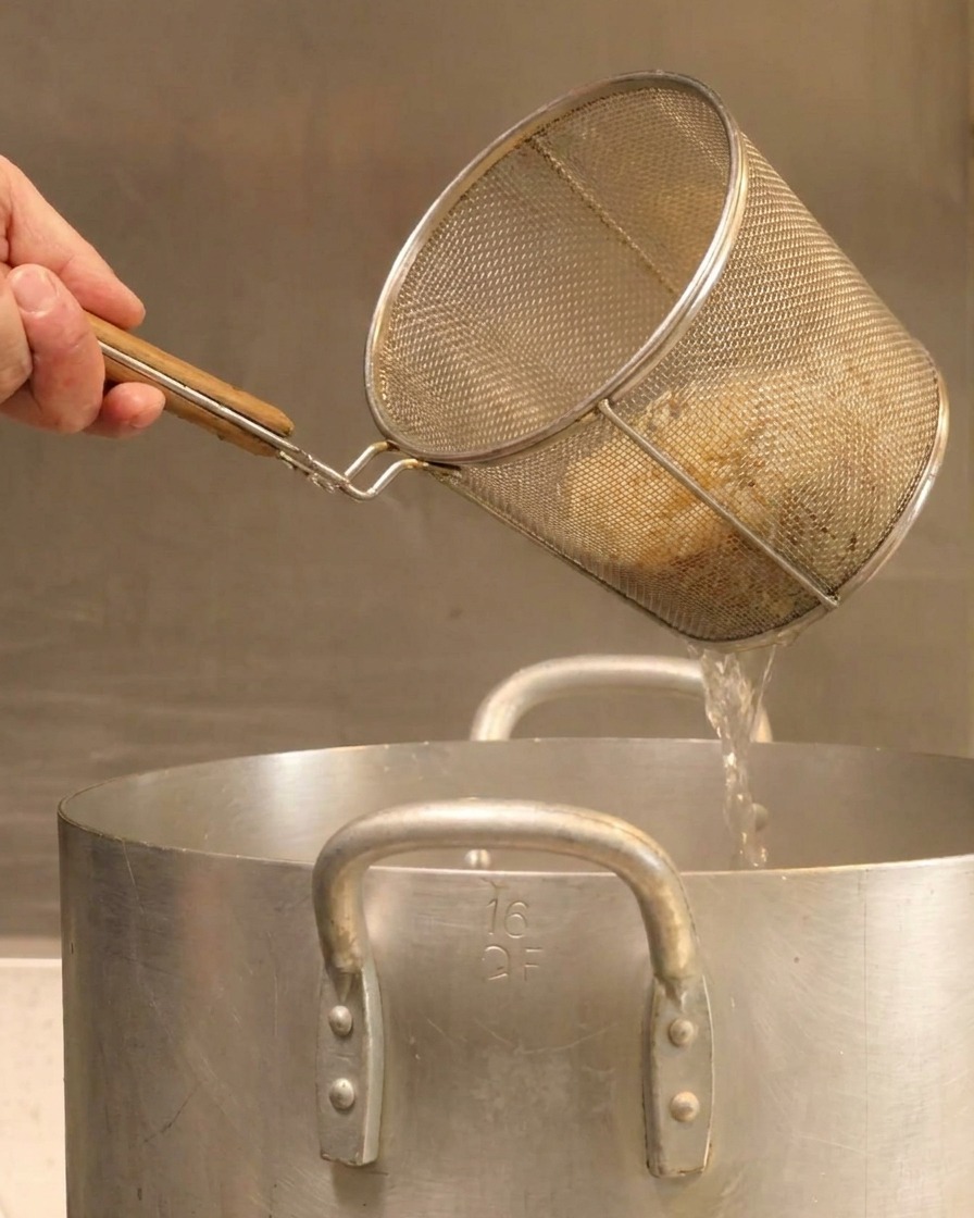 Una mano che tiene un cestello colino per noodle sopra una grande pentola, scuotendo via lacqua bollente.
