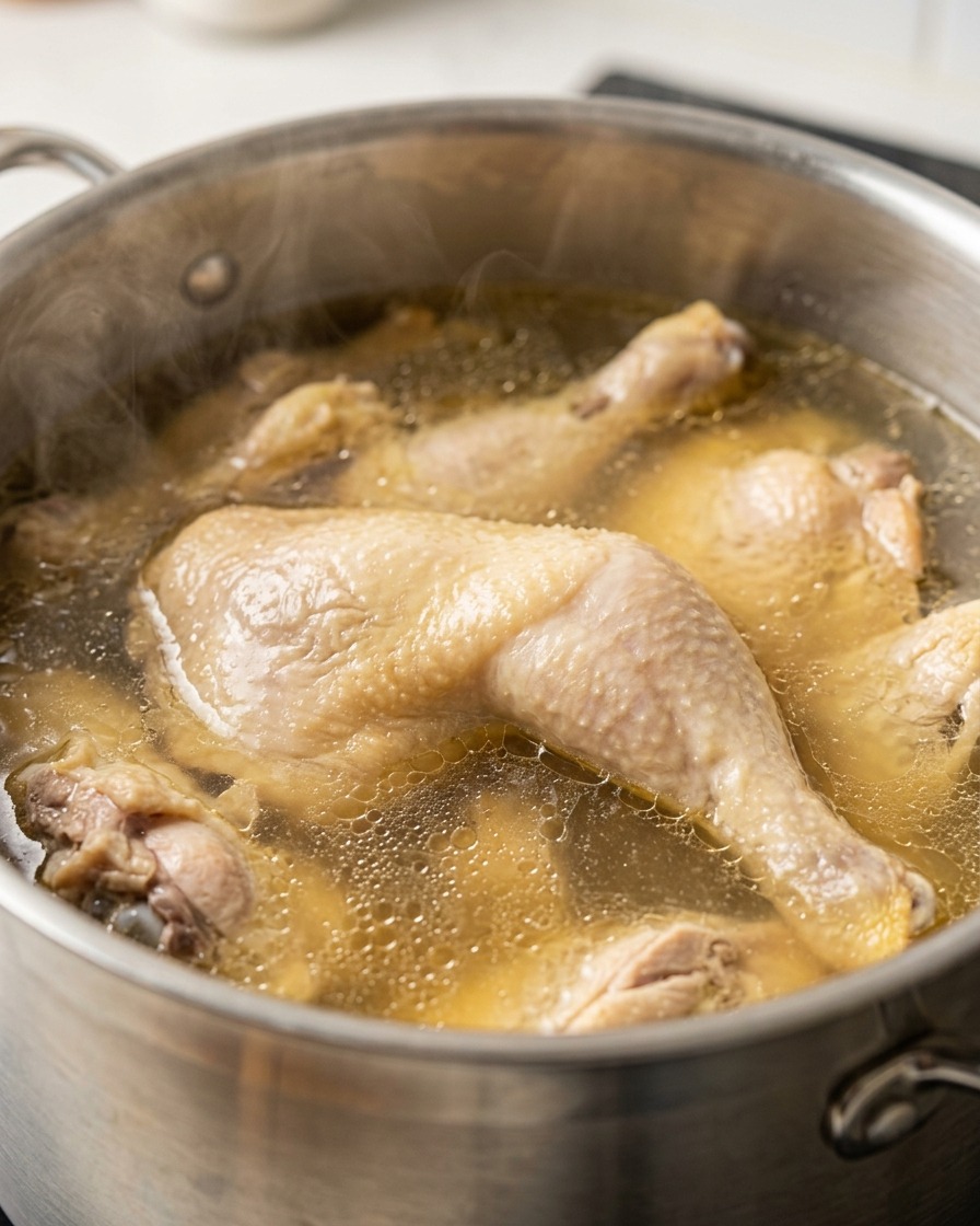 Pezzi di pollo che sobbollono in una grande pentola dacqua sul fornello.