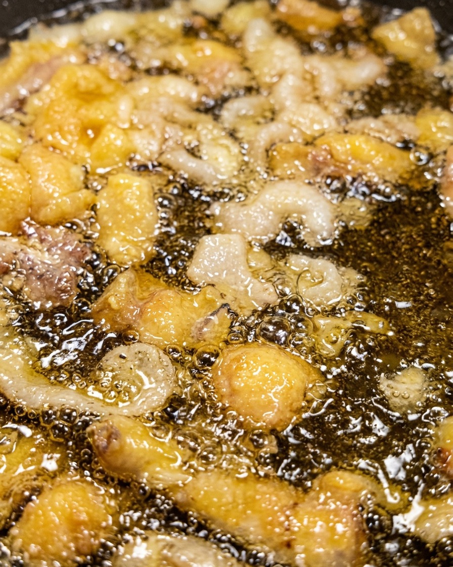 Pelli di pollo che friggono in padella a fuoco basso per rilasciare lolio.