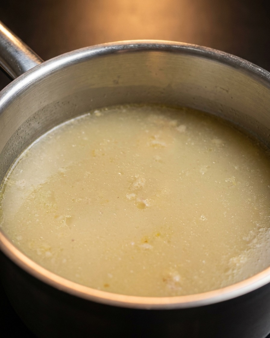 Purea di carne di pollo mescolata nel brodo di pollo in ebollizione.