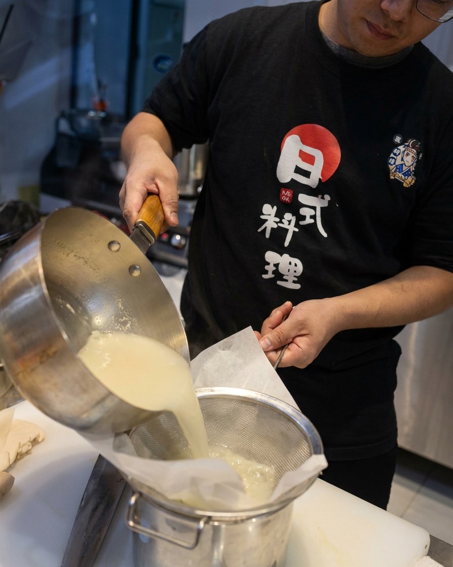 La base di zuppa di pollo bianco latte filtrata attraverso un colino foderato con carta in una pentola dacciaio.