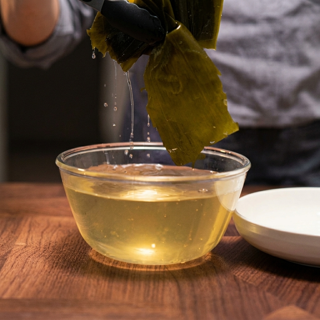 Primo piano di pinze che sollevano un pezzo di kombu reidratato da una ciotola di liquido dorato.