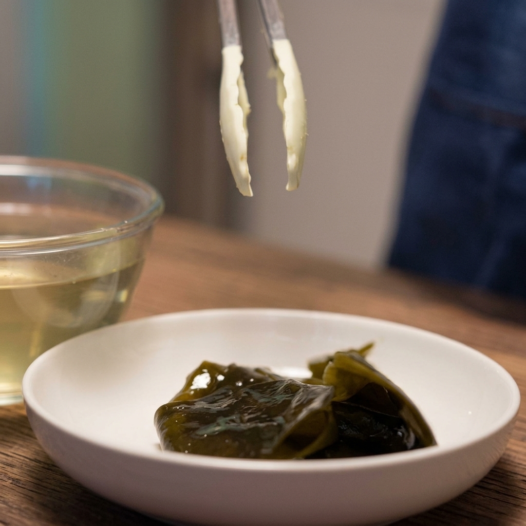 Acqua infusa al kombu versata in una pentola di vetro trasparente su una superficie in legno.