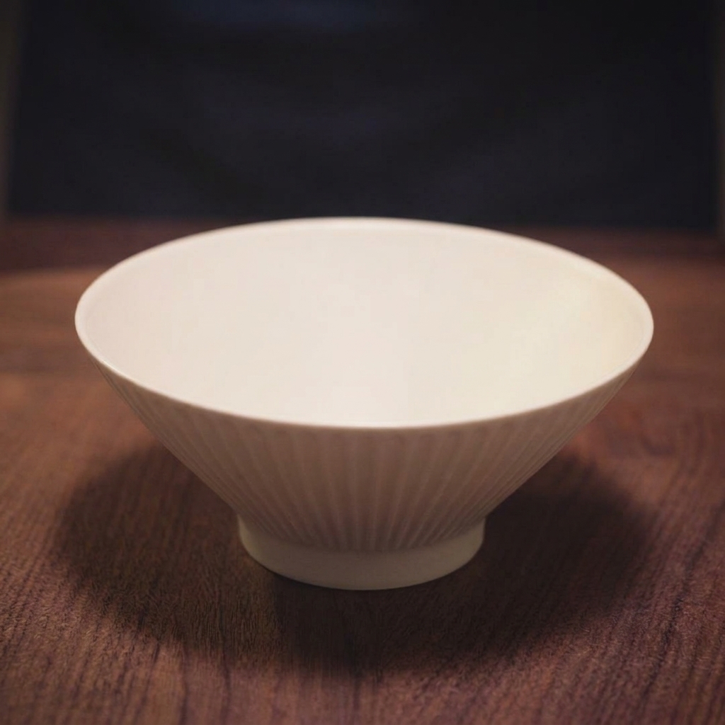 Primo piano di un cucchiaio di sale aggiunto con cura in una ciotola di ceramica bianca pulita.