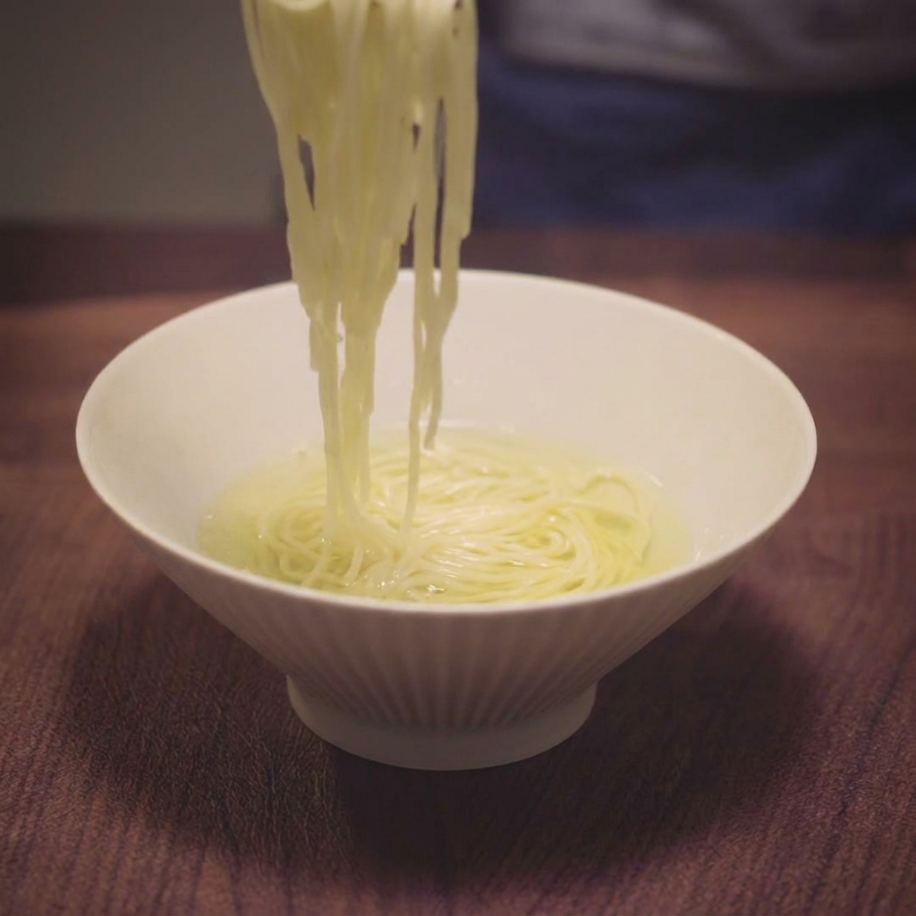 Bacchette che immergono un nido di ramen sottili cotti in una ciotola piena di brodo dorato.