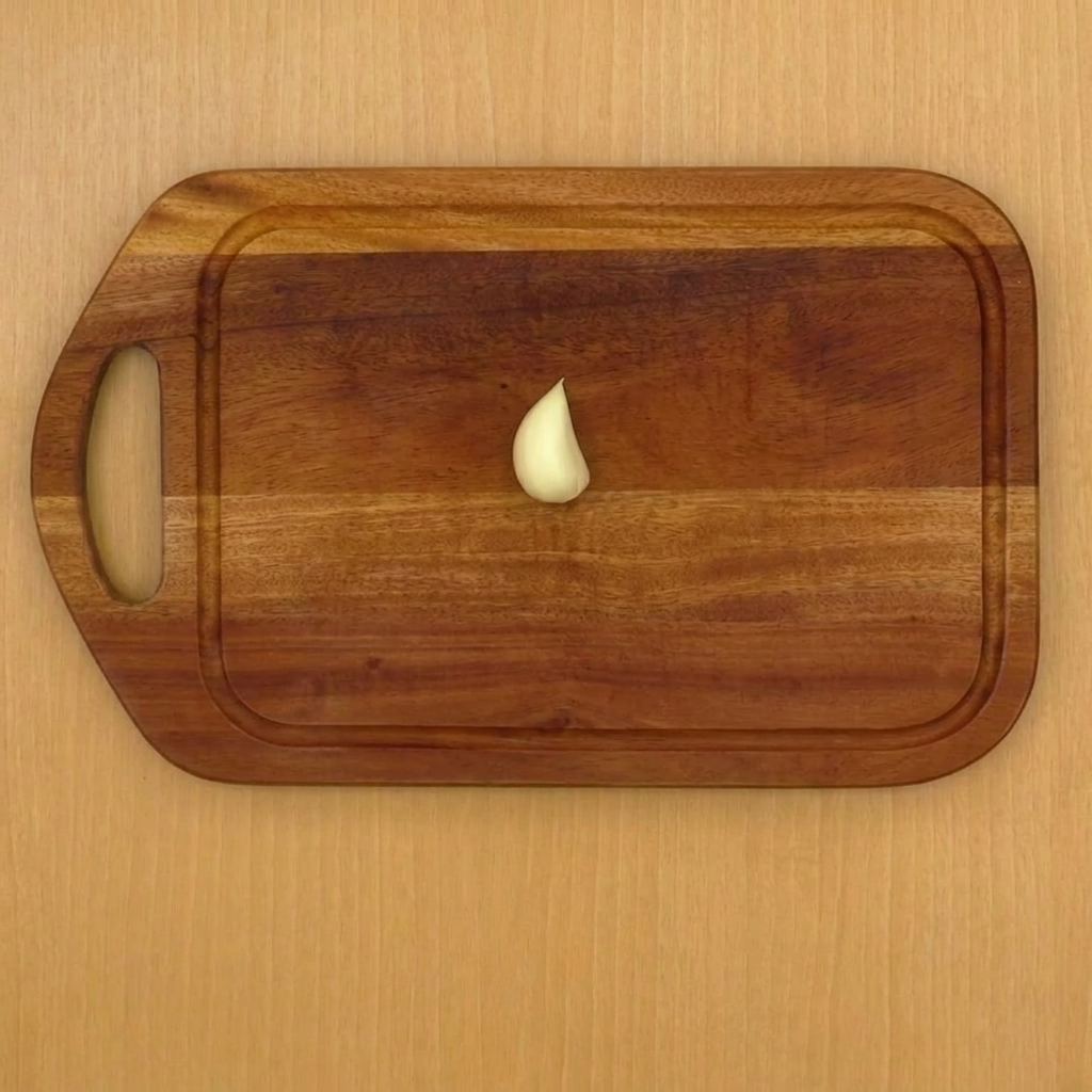 Uno spicchio daglio che viene schiacciato su un tagliere di legno con un coltello.