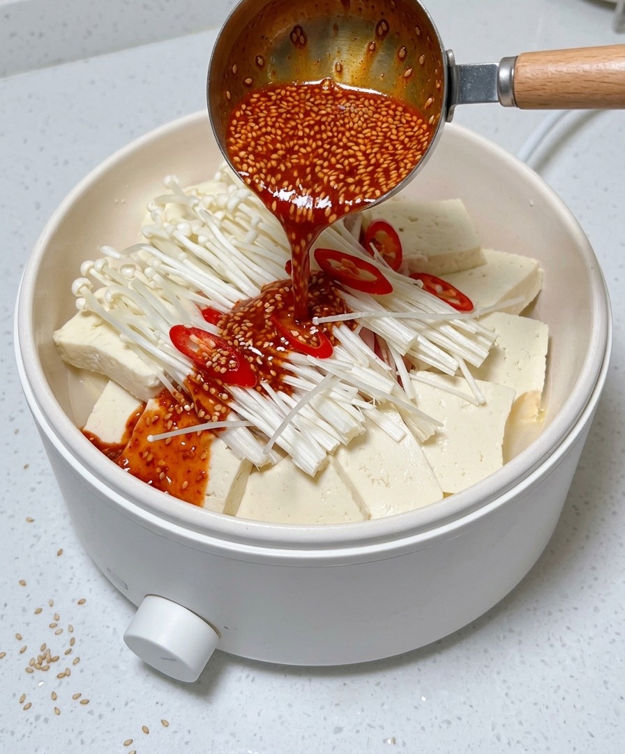 Un mestolo giallo che rimuove schiuma e impurità dalla superficie del brodo di pollo in ebollizione.