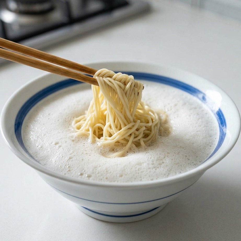 Una ciotola di ramen che viene ultimata versando del brodo di pollo caldo e cremoso sui noodles.
