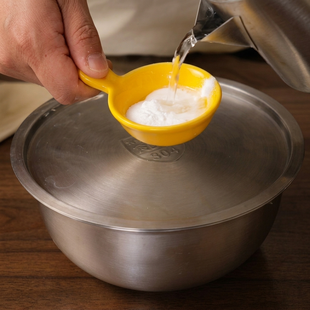 Acqua calda versata da un bollitore in un misurino giallo contenente polvere di alcali.
