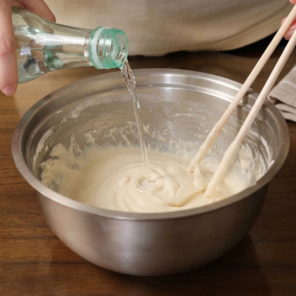 Acqua versata da una bottiglia di vetro in una pastella di farina mescolata con bacchette di legno.