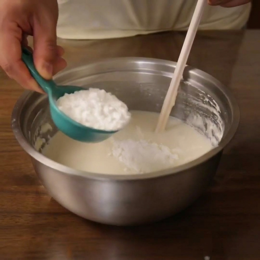 Amido di piselli bianco versato da un misurino verde nella pastella.