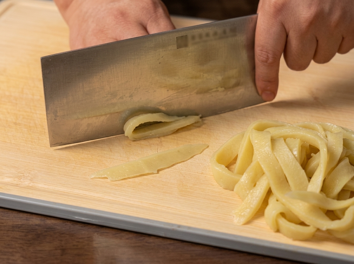 Un grande coltello che taglia un foglio di pasta cotta piegato in larghi spaghetti su un tagliere di legno.