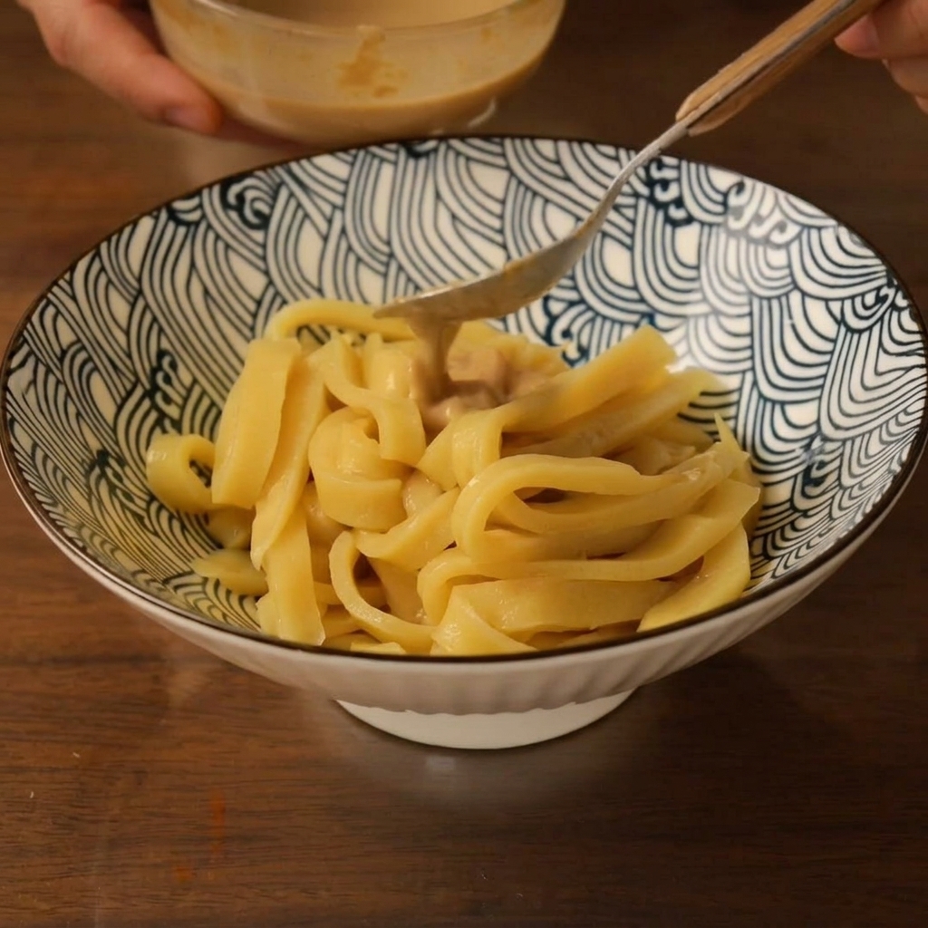Un cucchiaio che versa salsa cremosa di tahina e senape su una ciotola di spaghetti freschi.