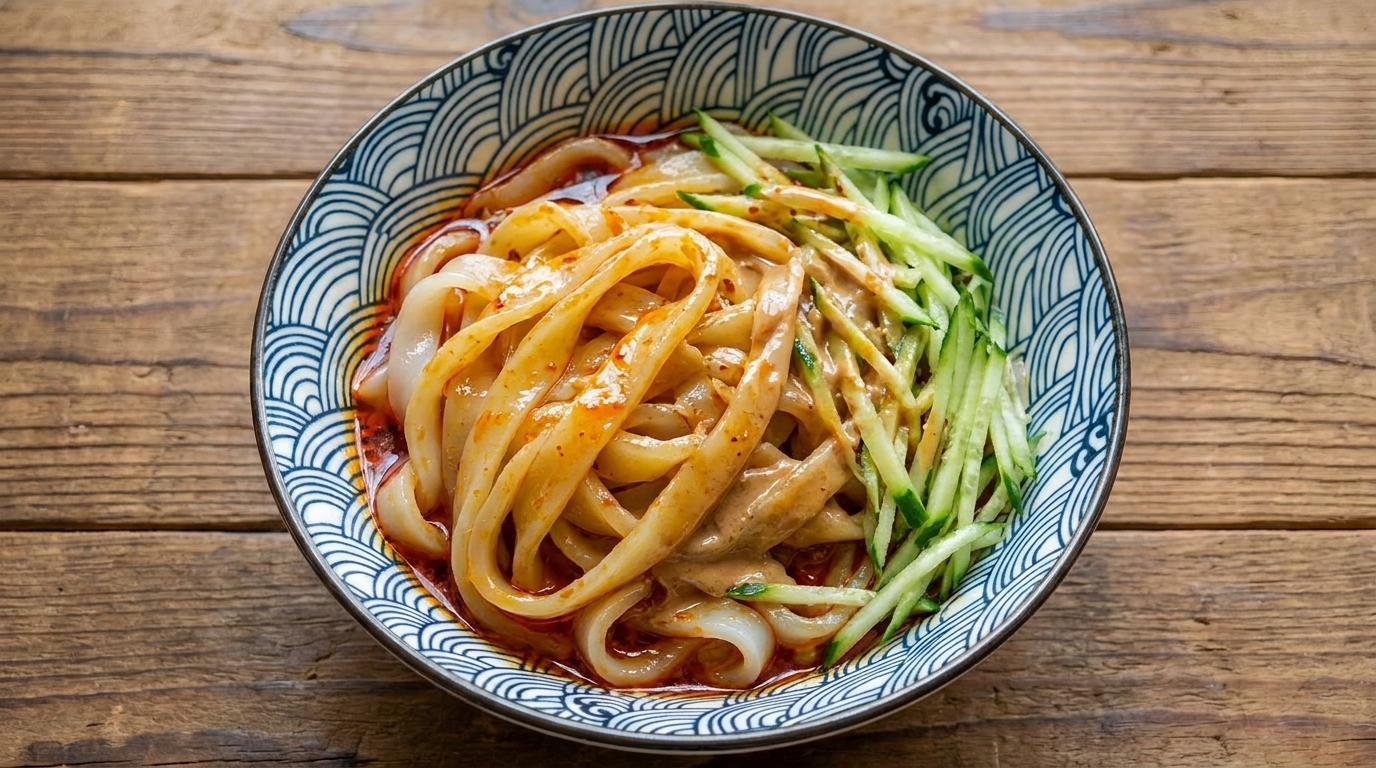 Una ciotola di spaghetti alla senape freschi e traslucidi, conditi con olio al peperoncino, tahina e cetrioli a julienne.