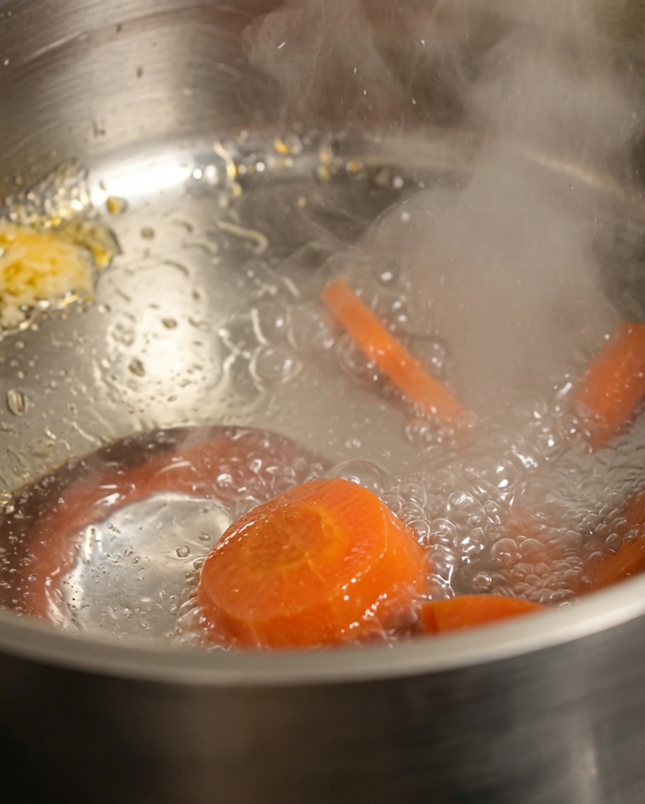 Fette di carota che cuociono in una pentola di acqua bollente, rilasciando vapore.