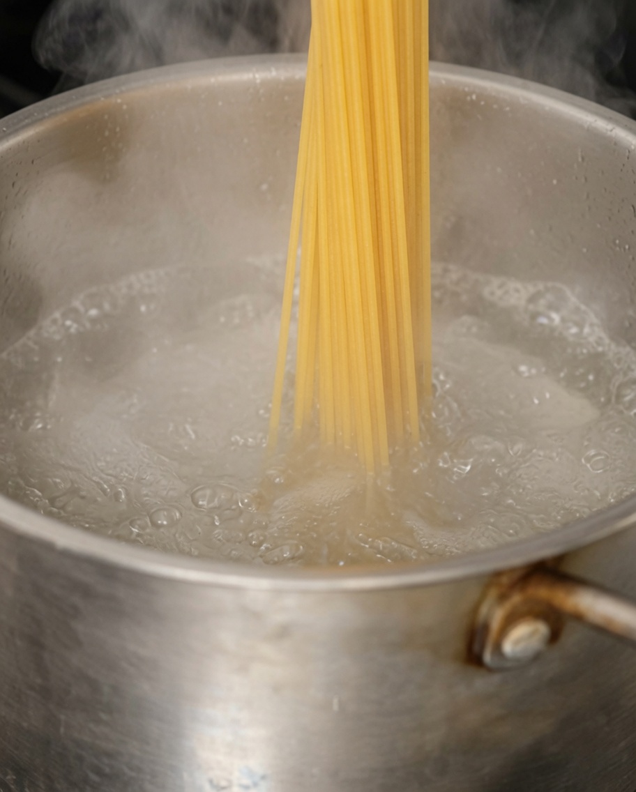 Spaghetti secchi immersi in una grande pentola di acqua salata che bolle vivacemente.