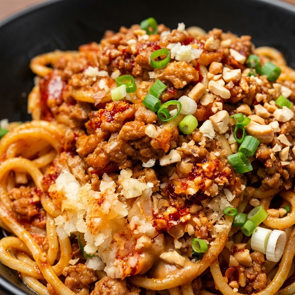 Versamento di un goccio di salsa di soia scura sul composto di carne e carote nella padella.