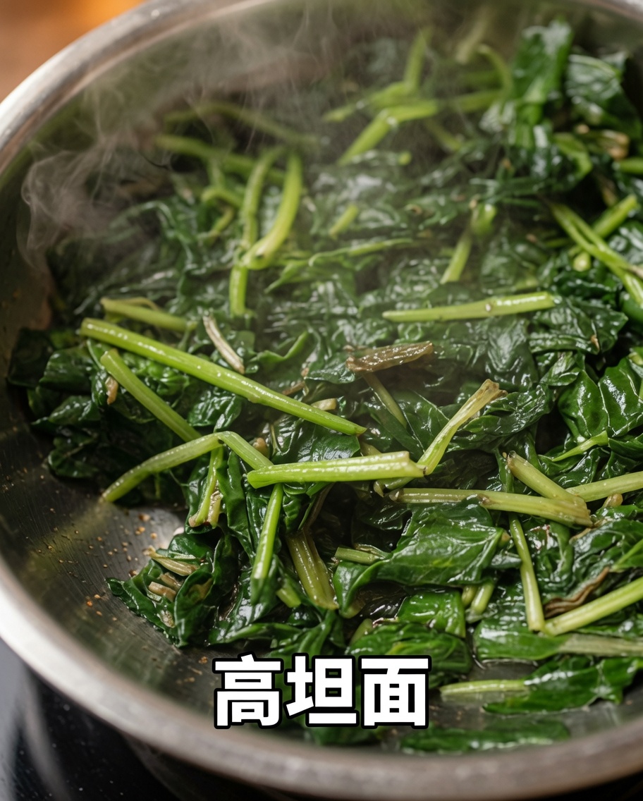 Una ciotola contenente strisce di pasta fresca guarnite con una porzione di spinaci sbollentati dal colore verde brillante.