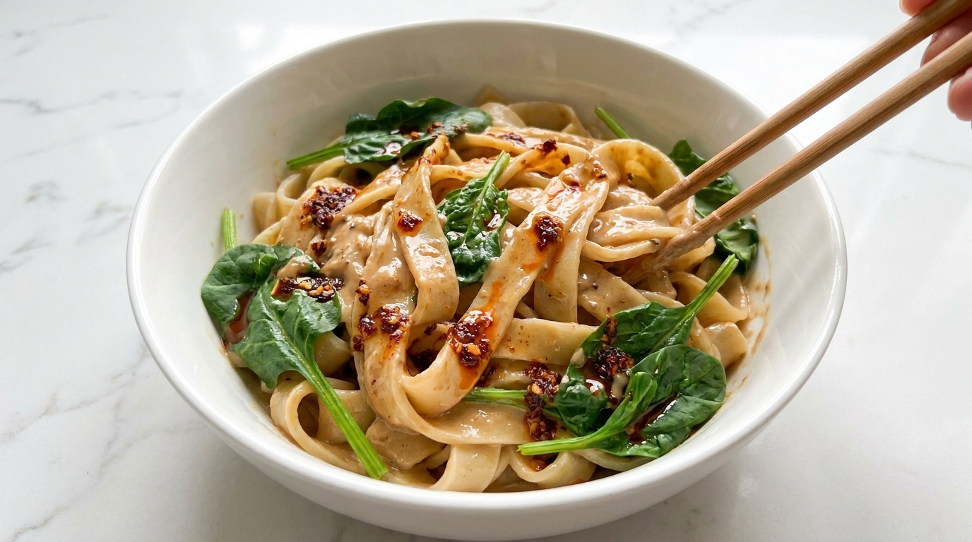 Gao Dan noodles appena preparati, saltati in una cremosa salsa al sesamo e arachidi con spinaci sbollentati e olio al peperoncino.