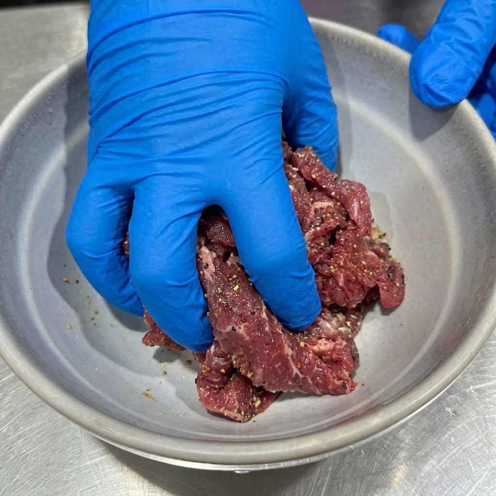 Mani con guanti che mescolano il manzo condito in una ciotola prima di aggiungere lolio.