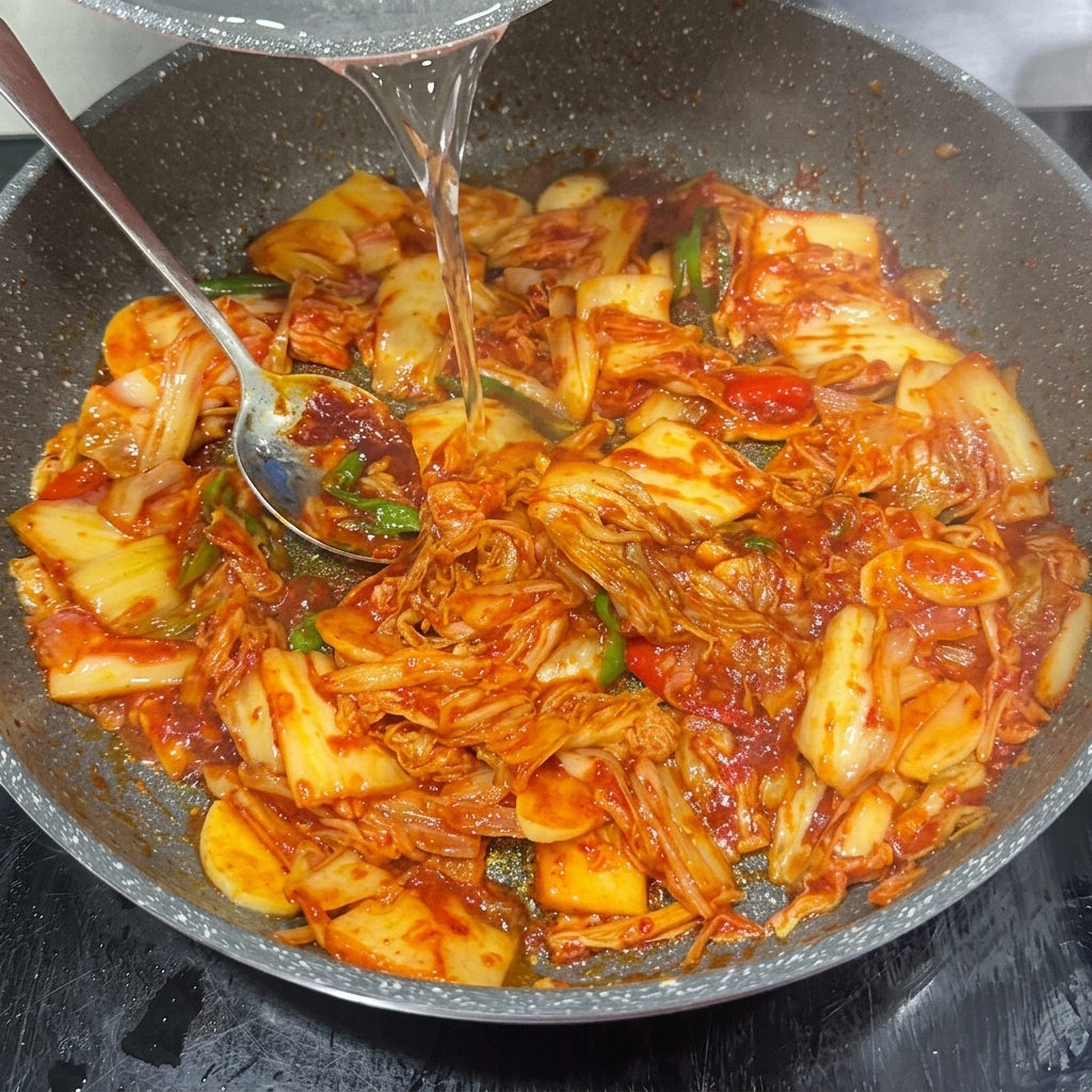 Germogli di soia e funghi enoki aggiunti alla zuppa bollente.