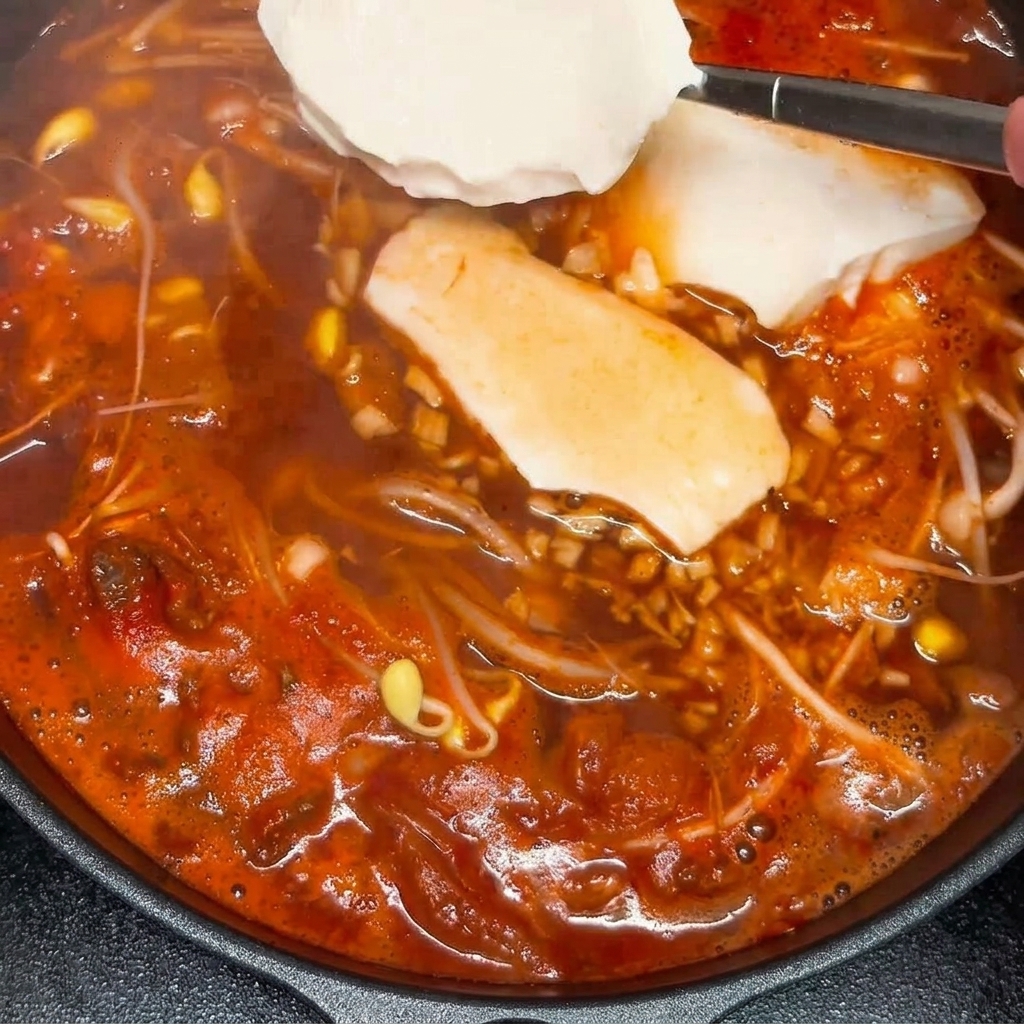 Grossi pezzi di tofu bianco aggiunti delicatamente nel brodo piccante.
