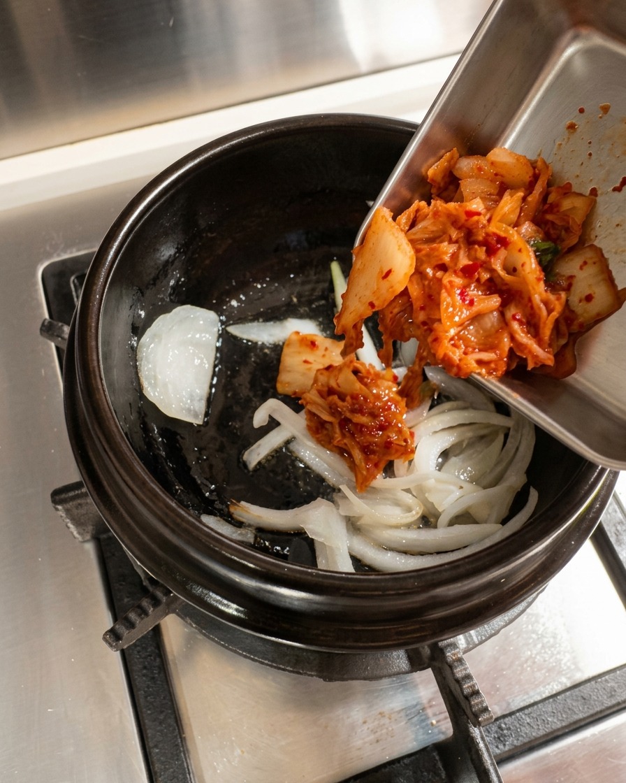 Kimchi aggiunto nella pentola di pietra e mescolato con le cipolle soffritte.